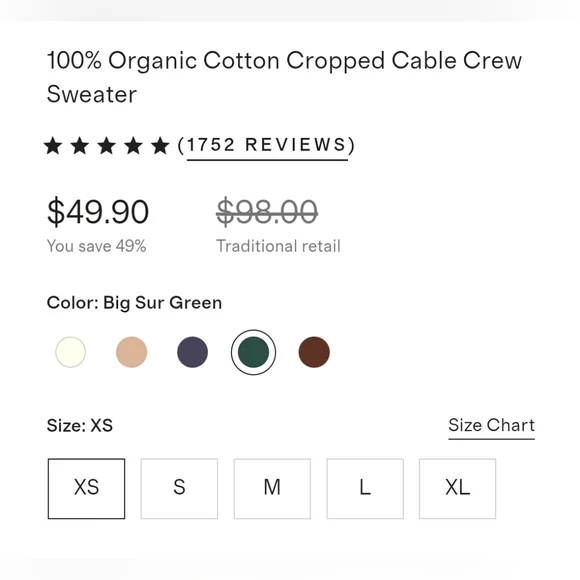 ✅ Quince 100% Organic Cotton Cropped Cable Knit Crew Sweater, Big Sur (XS) - Picture 8 of 16